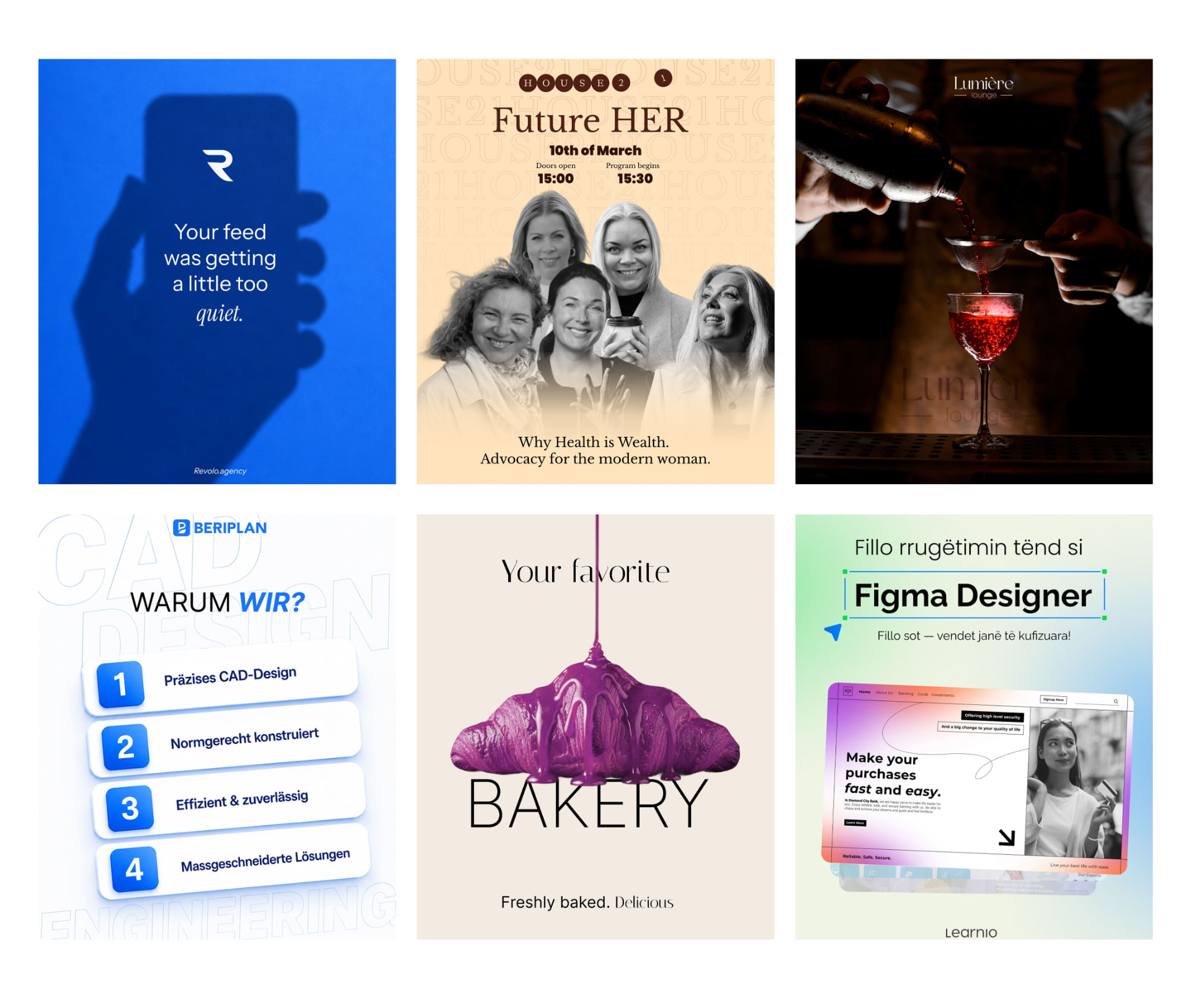 Social Media overview featuring Revolo, House21, Beriplan and Learnio work