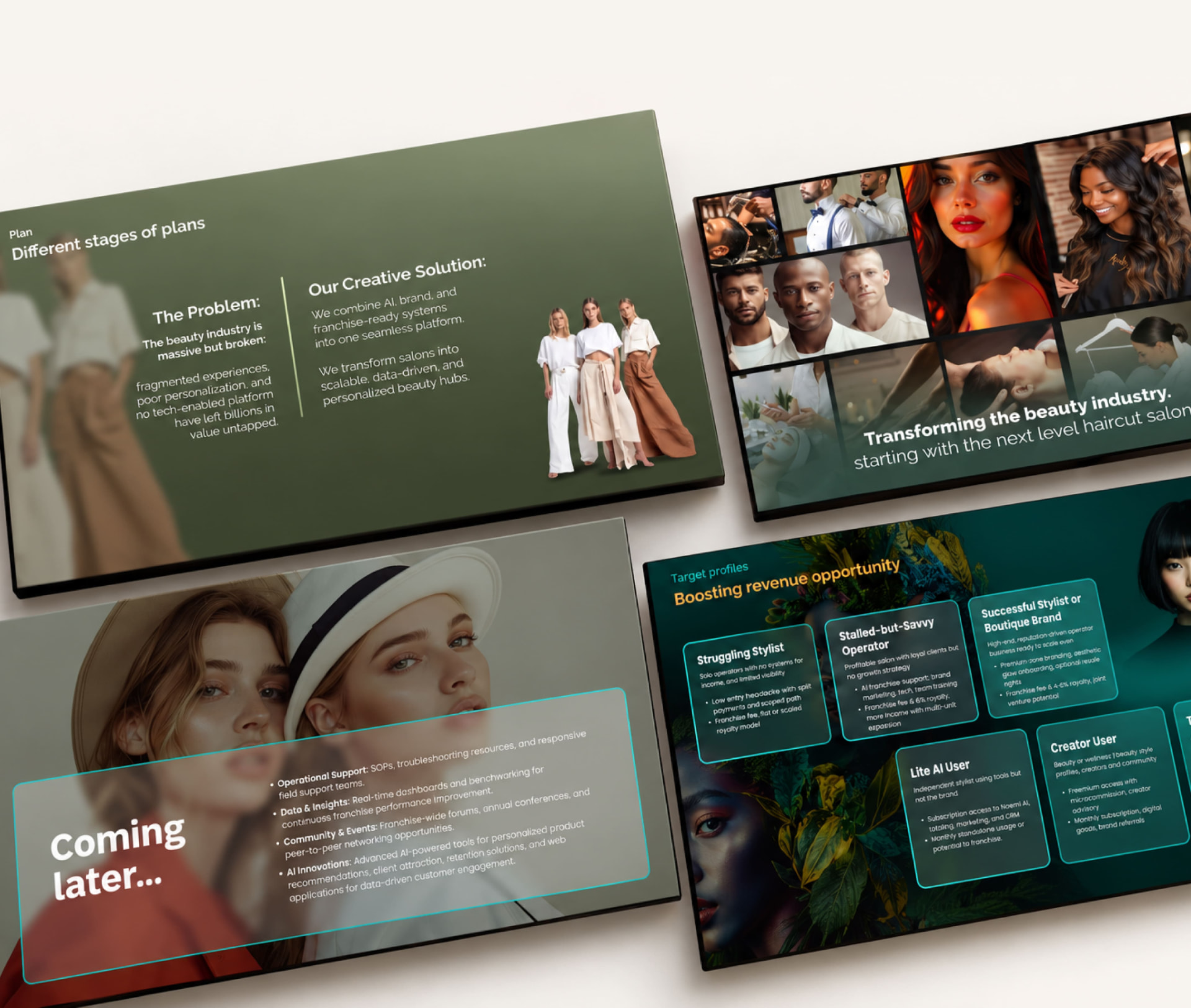 Presentation design portfolio featuring education, food industry, sports industry and medicine decks
